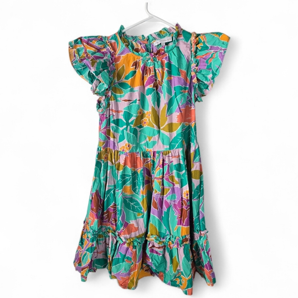House of Harlow 1960 Tropical Print Ruffled Tiered Mini Dress M Flutter Sleeves